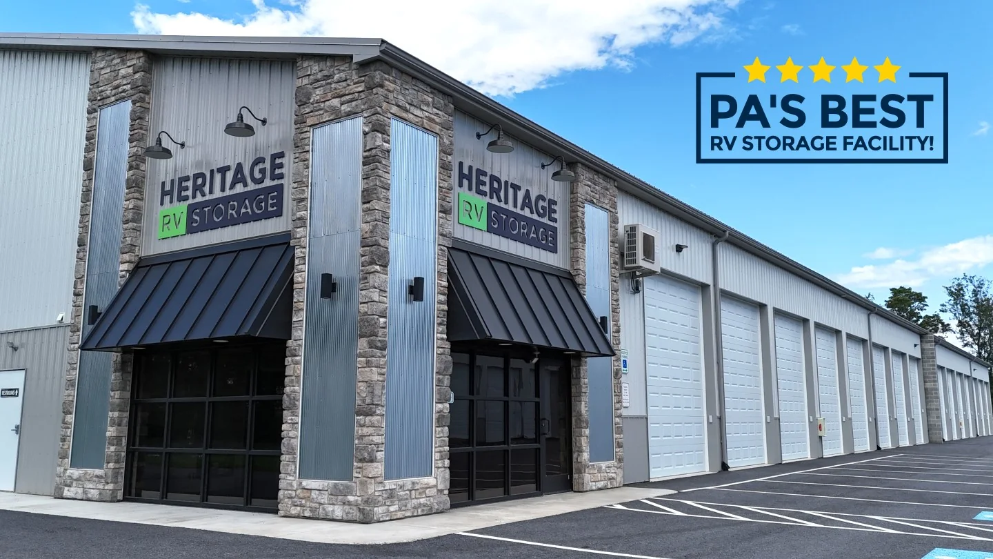 Exterior of the Heritage heated indoor RV storage facility